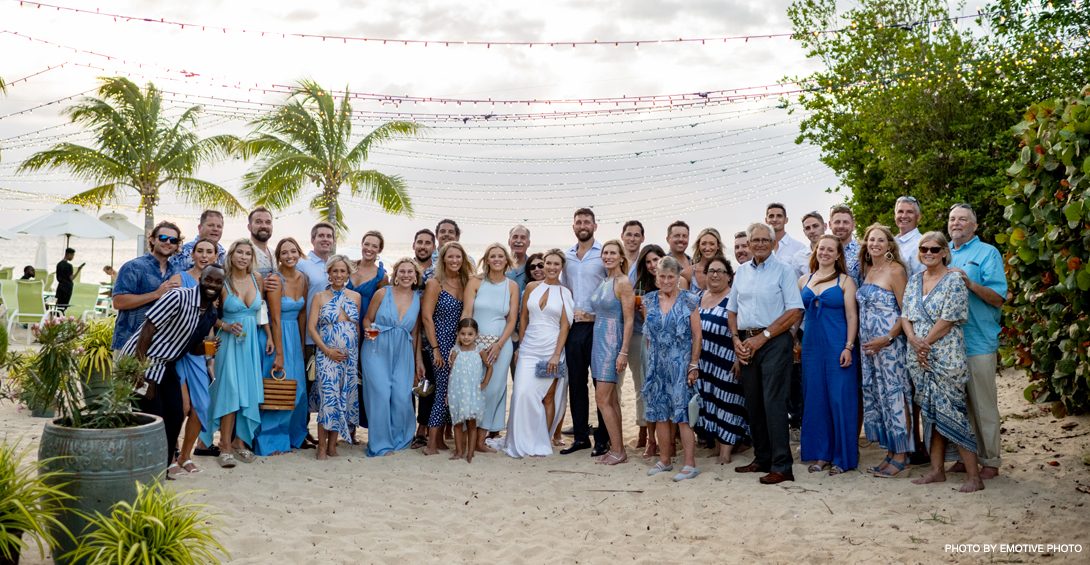 Destination wedding. Family group photo on the beach. Meads Bay, Anguilla. Rehearsal dinner Blanchards restaurant.