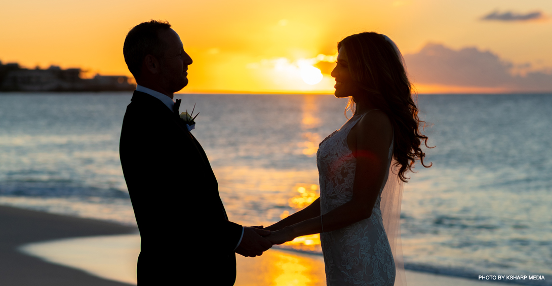 Wedding photo with Meads Bay sunset the island of Anguilla.